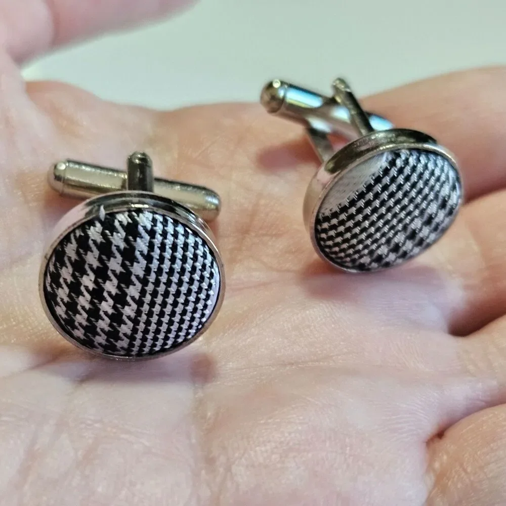 Men's Black and White Checkered Fabric Cufflinks Vintage Silver Tone